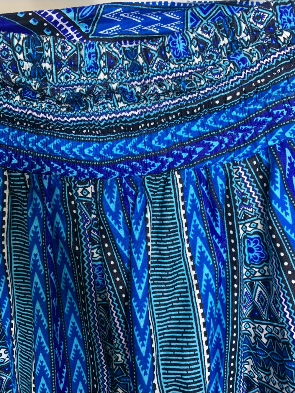 Bohemian Blue & White Cotton tribal tie waist smocked pocket maxi skirt small - Picture 6 of 14